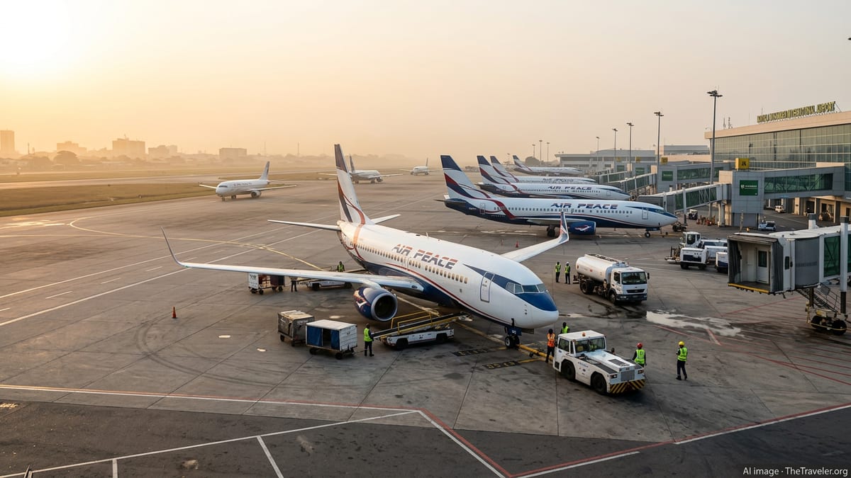 Air Peace jets on the Lagos airport tarmac at sunrise, with ground crew preparing regional flights.