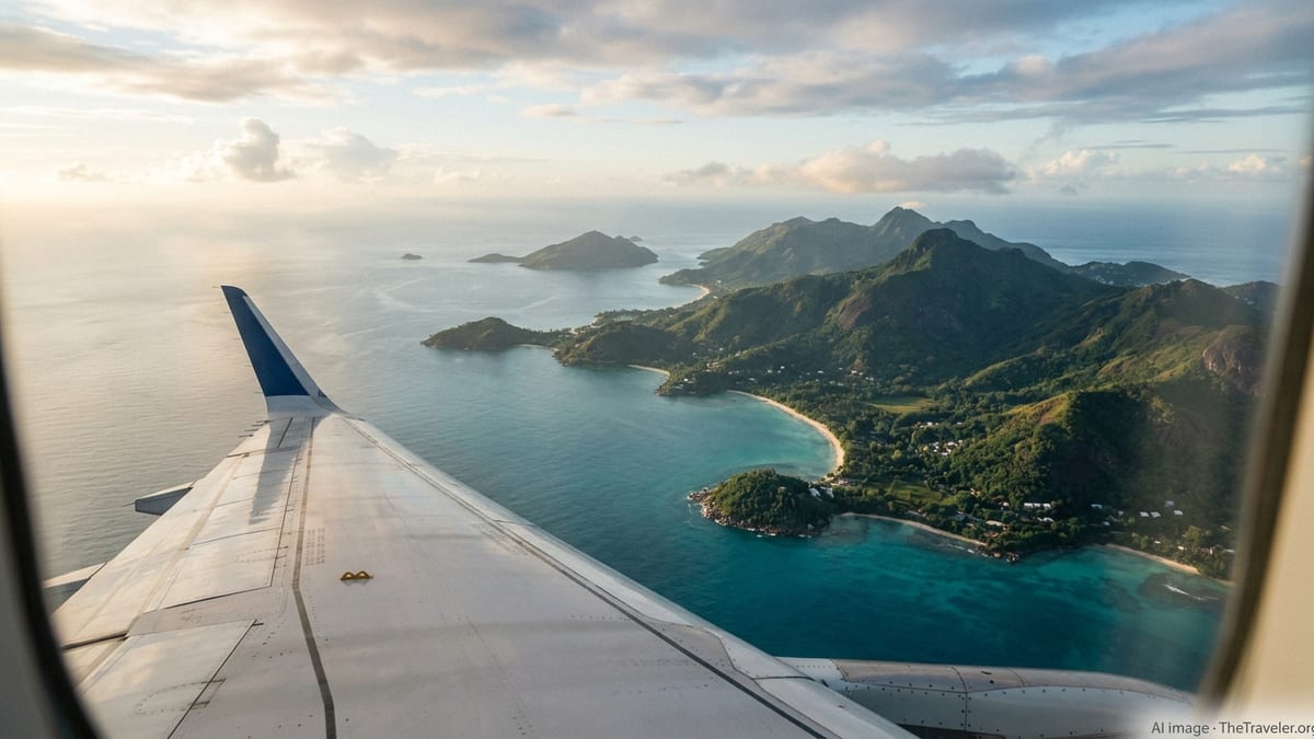 Air Seychelles jet on the Mahe airport apron at sunrise with green hills behind.