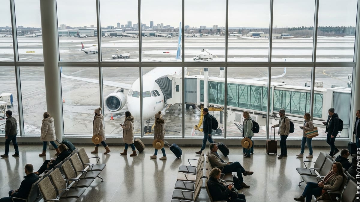 Air Transat jet boarding at a snowy Canadian airport as passengers depart for sunny winter destinations.