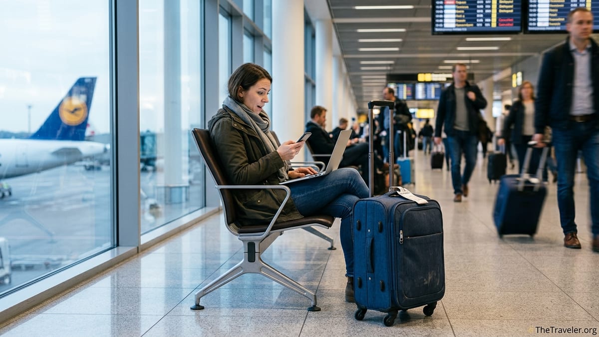 Traveler in a European airport lounge checking flight compensation email on a laptop.
