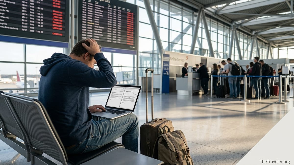 Traveler in a European airport terminal reviewing flight compensation options after delays.