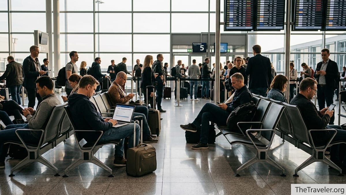 Tired traveler in a busy European airport terminal checking a laptop after flight delays.