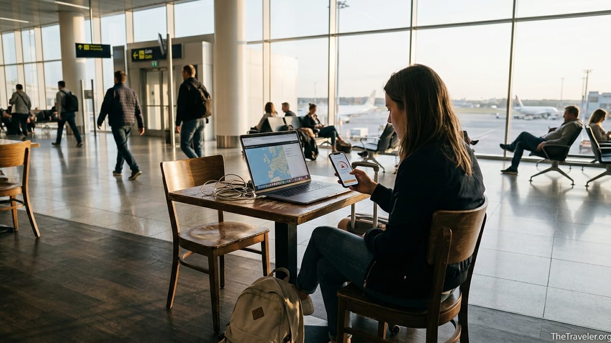 Traveler in an airport lounge checking mobile data limits on a phone beside a laptop map.