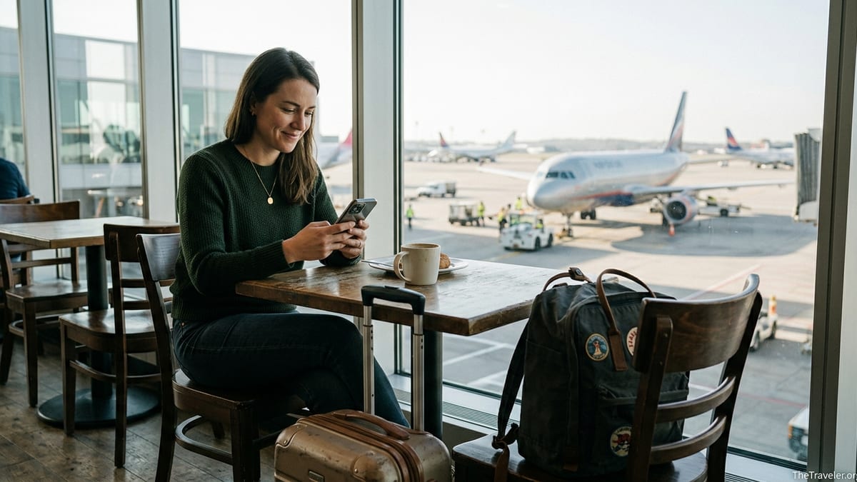Traveler at an airport café setting up an eSIM on her phone with a plane outside the window.