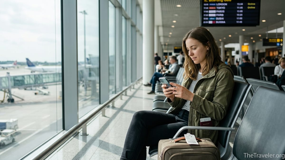 Traveler in an airport using a phone eSIM app before an international flight