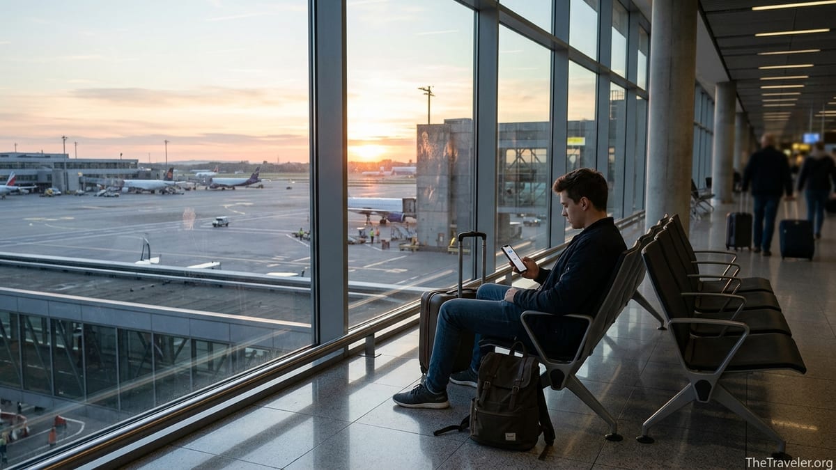 Traveler at airport using smartphone by large window to stay connected before flight.
