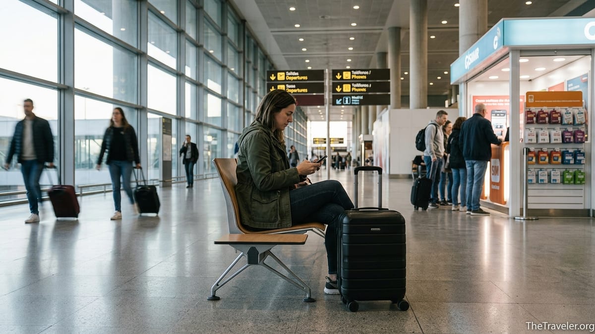 Traveler in an airport arrivals hall comparing eSIM and local SIM card options on their phone.