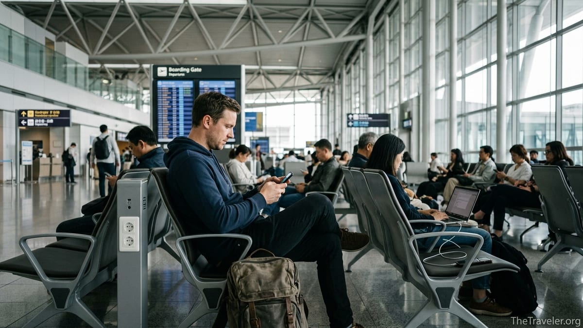 Traveler in airport using smartphone to set up an eSIM before an international flight.