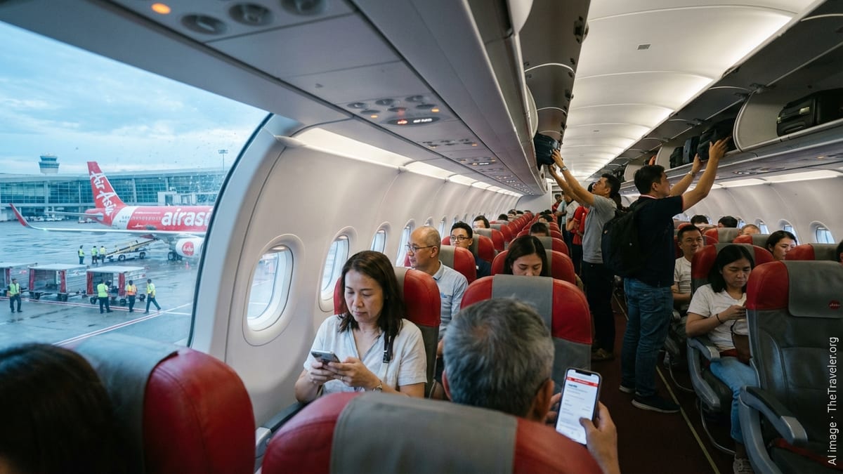 Passengers board an AirAsia flight at dawn, seen from the aisle of a red-and-grey cabin.