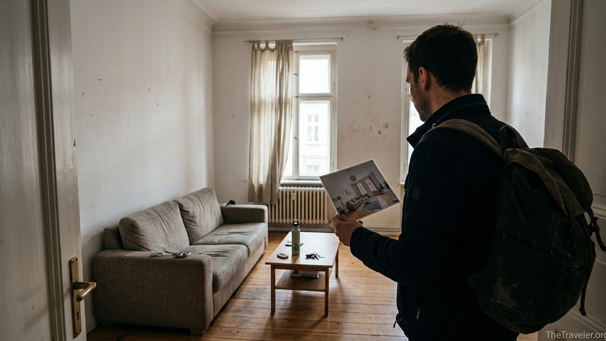 Traveler compares an Airbnb living room to its brighter, sleeker listing photo.