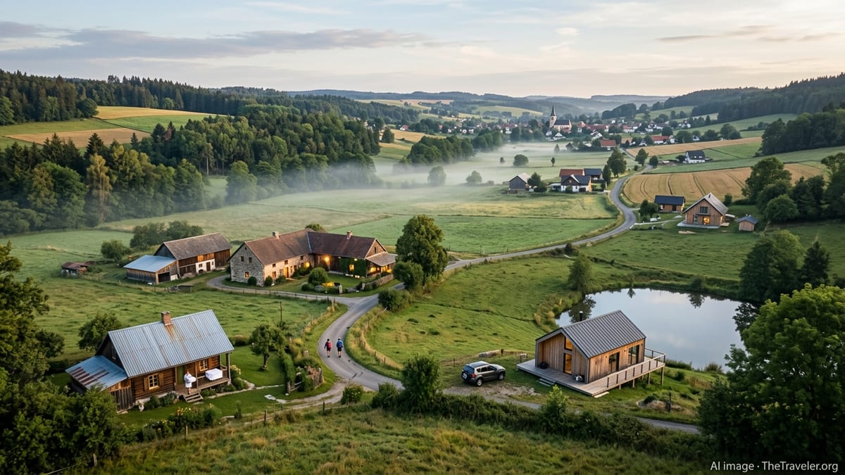 Rural valley at sunrise with scattered cabins and farmhouses used as Airbnb style stays.