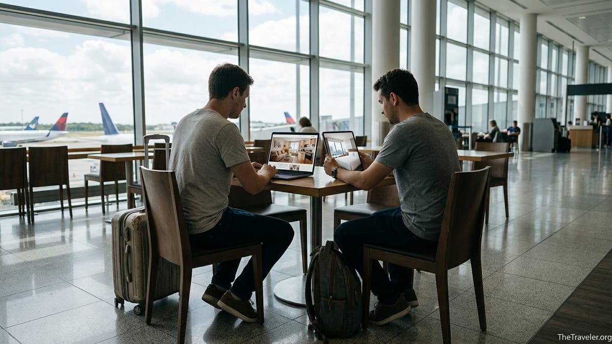 Two travelers compare apartment and hotel options on devices in a bright airport lounge.