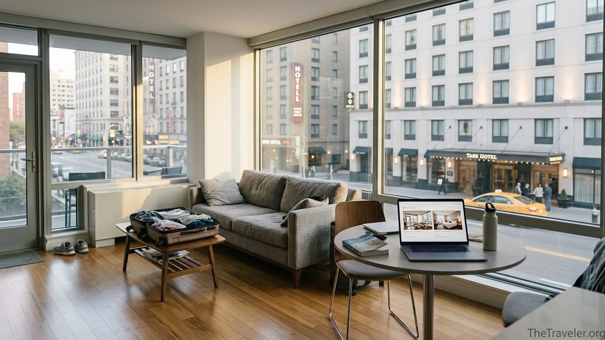 Traveler in a city apartment looking out at nearby hotels, comparing stay options.