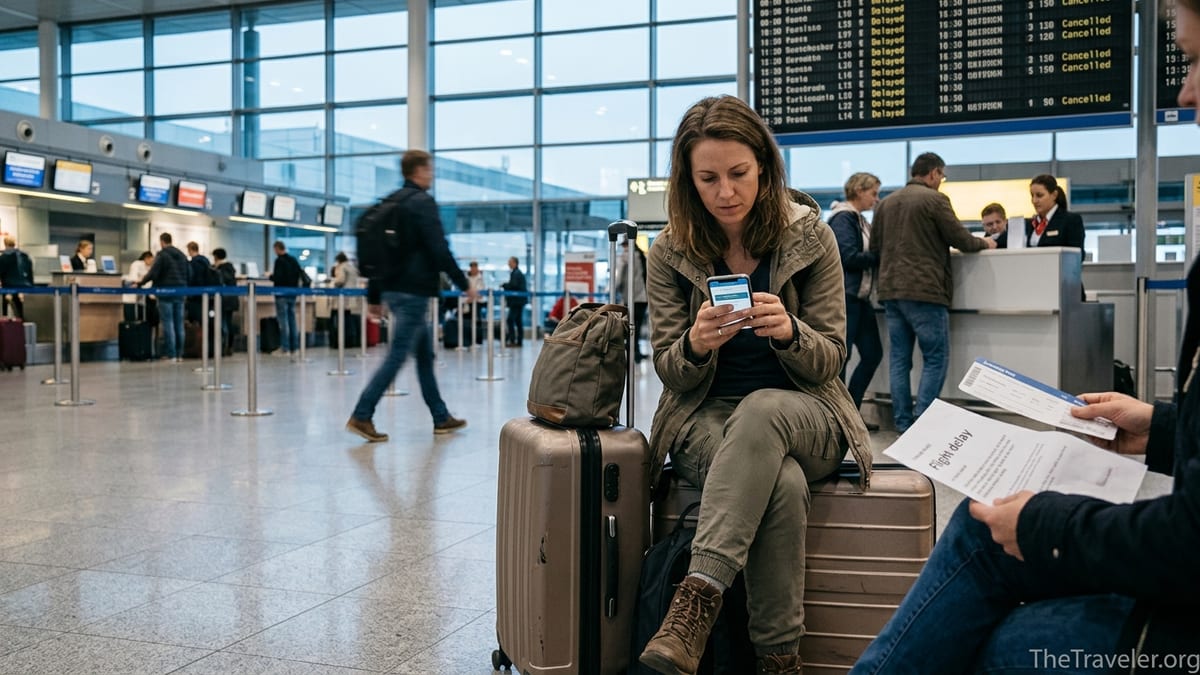 Frustrated traveler checking a flight compensation app in a busy airport terminal.