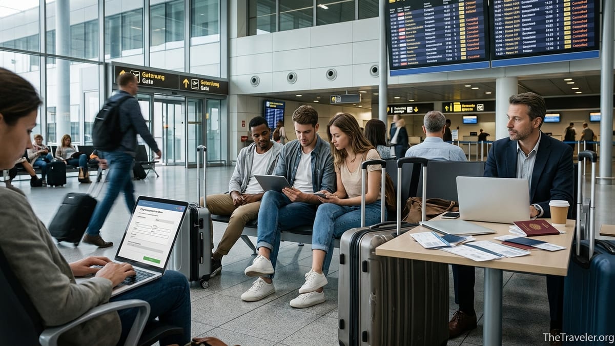 Travelers in an airport lounge checking flight delay compensation on a tablet.