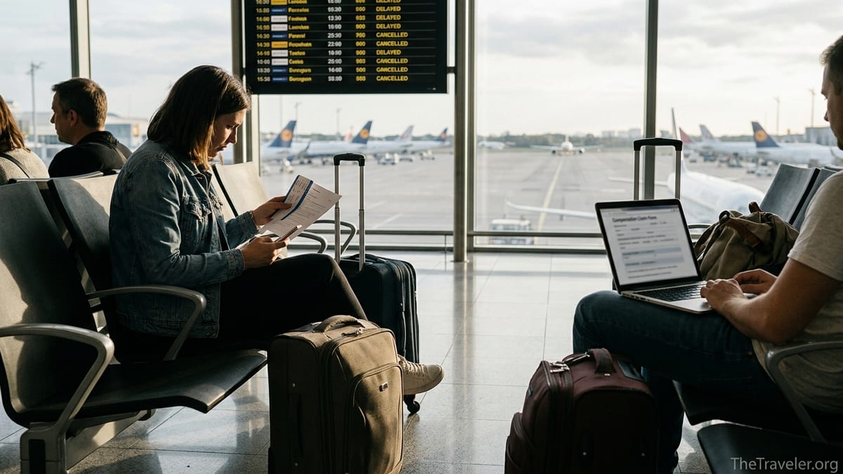 Travelers in an airport comparing flight compensation options on a phone and laptop.