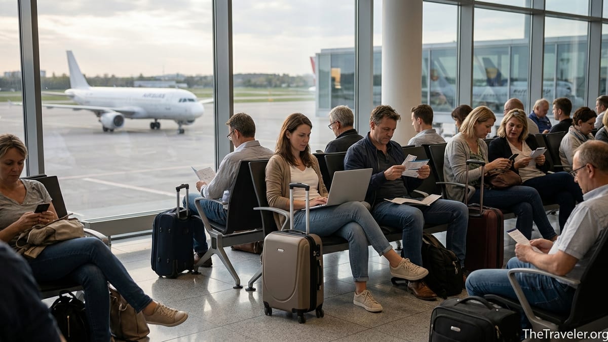 Travelers in a busy airport lounge checking devices and documents after a delayed flight.