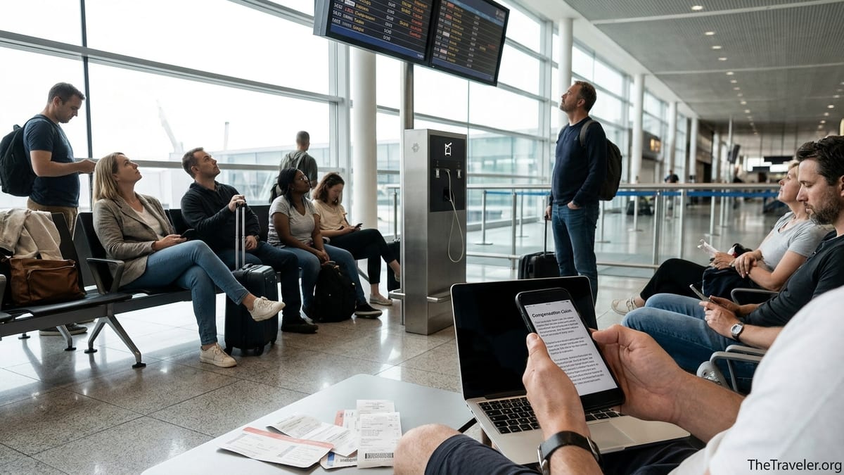 Traveler in a busy airport terminal reviewing a flight compensation claim on a smartphone.