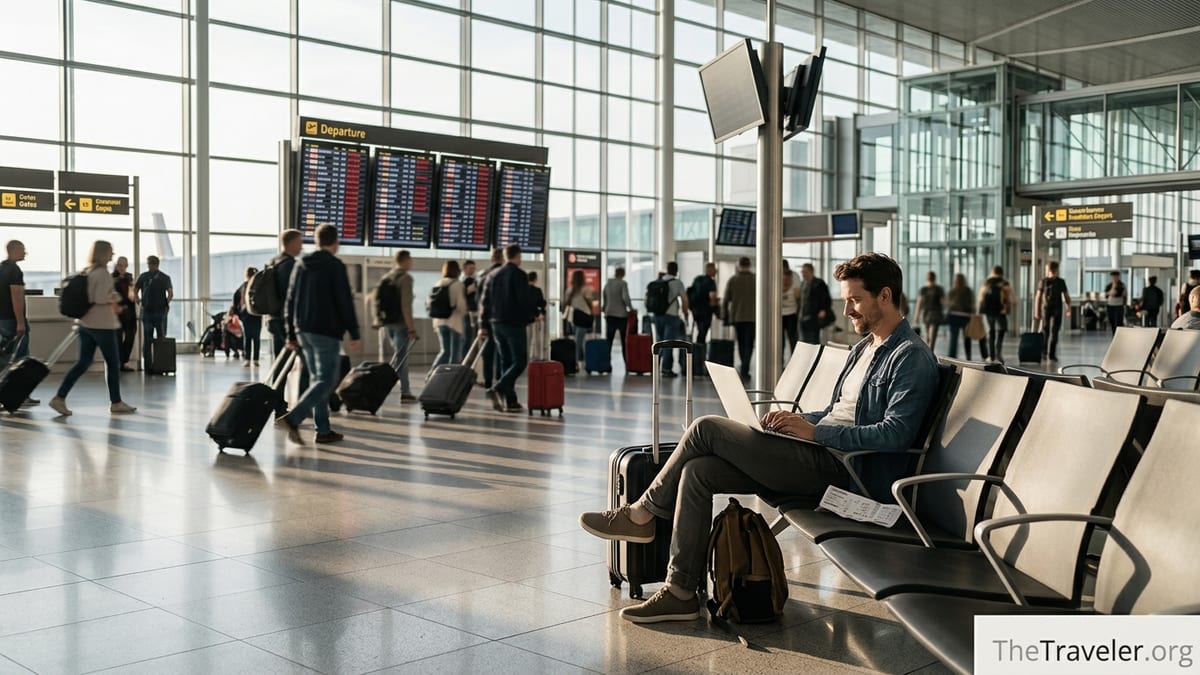 Traveler in a European airport smiles at laptop after receiving flight compensation approval.