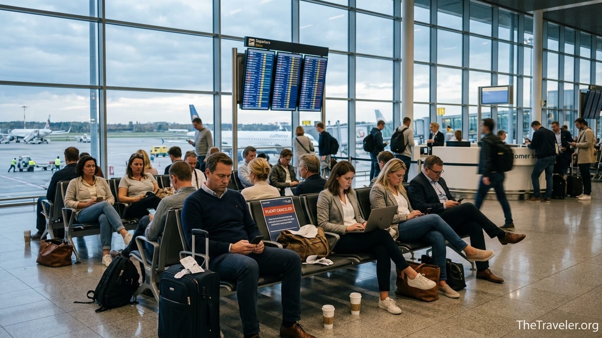 Travelers in a busy European airport terminal checking phones after flight delays.