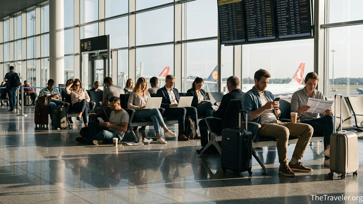 Travelers in a European airport terminal checking delay notices and paperwork near a departures board.