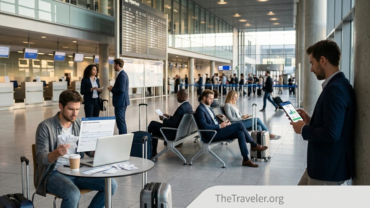 Traveler comparing airline claim form and compensation app in a busy European airport terminal.