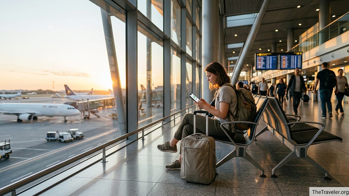 Traveler in an airport using a smartphone eSIM app near large windows at sunset