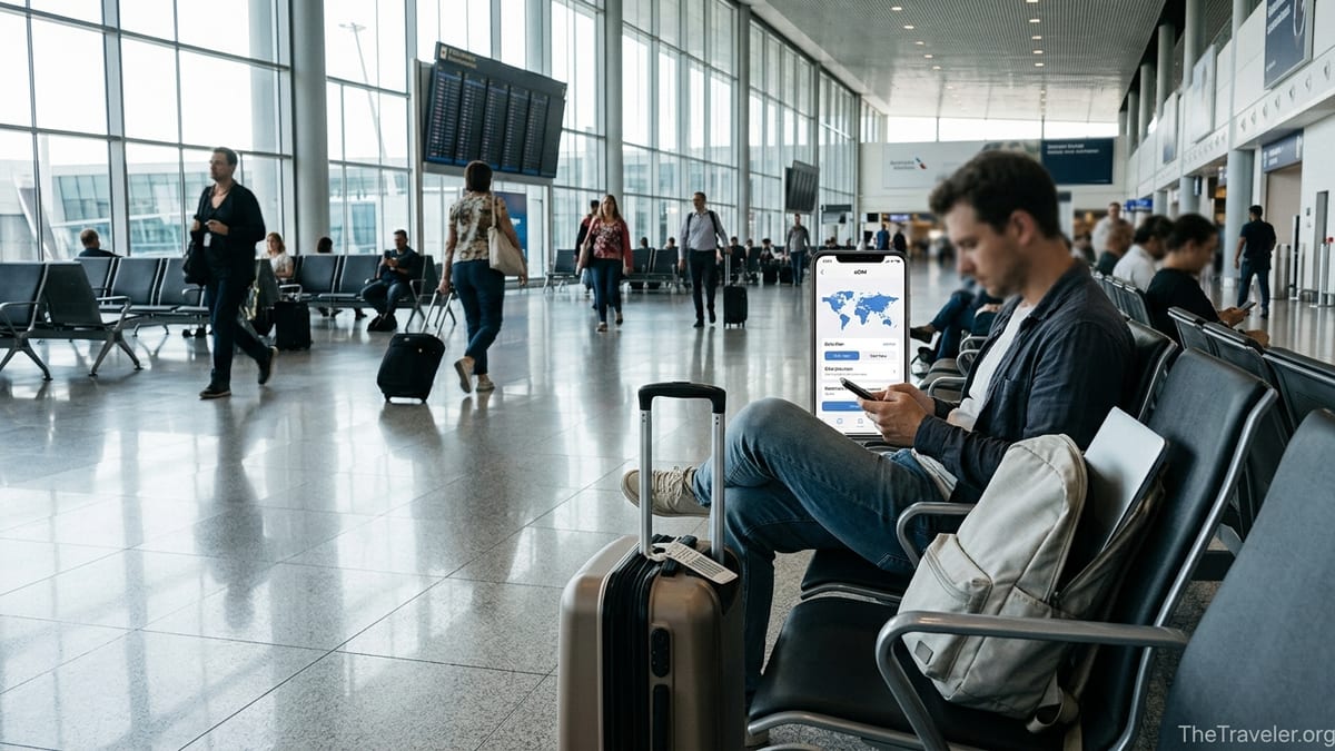 Traveler in an airport lounge checking an eSIM app on their smartphone before an international flight.