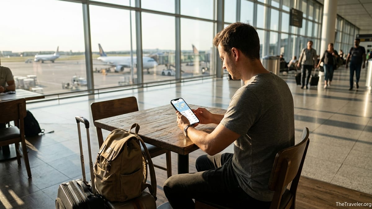 Traveler in airport lounge checking eSIM data plans on smartphone before international flight.