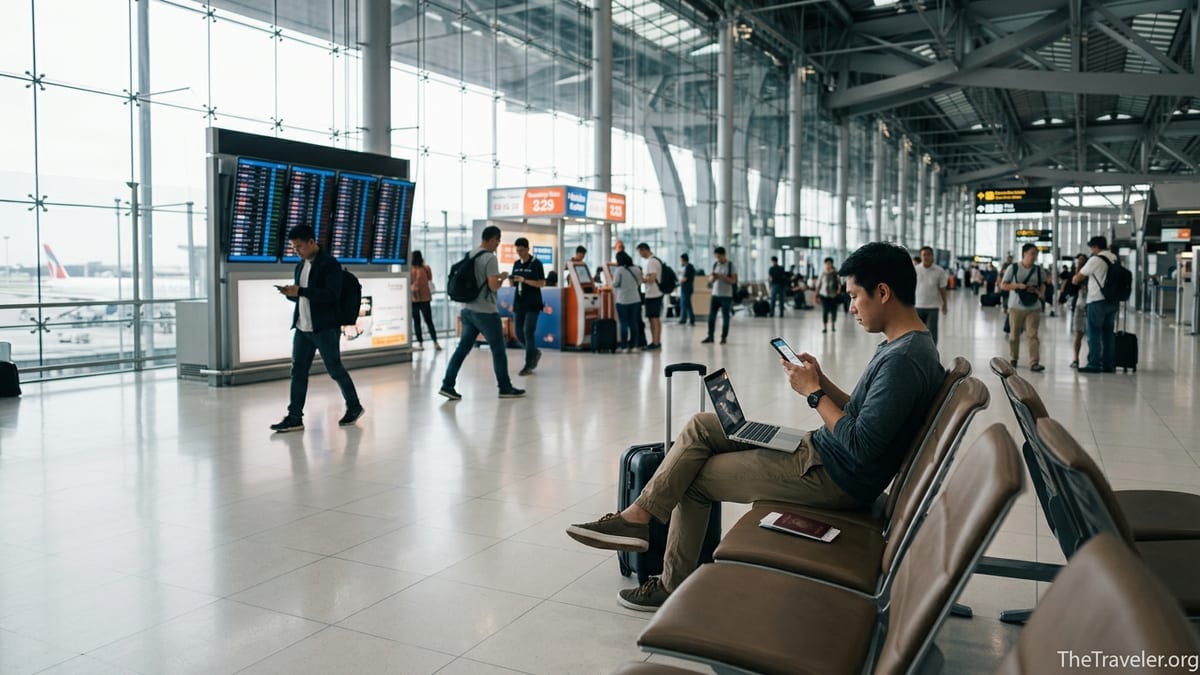 Traveler in an airport checking mobile data plan on phone while waiting to board.