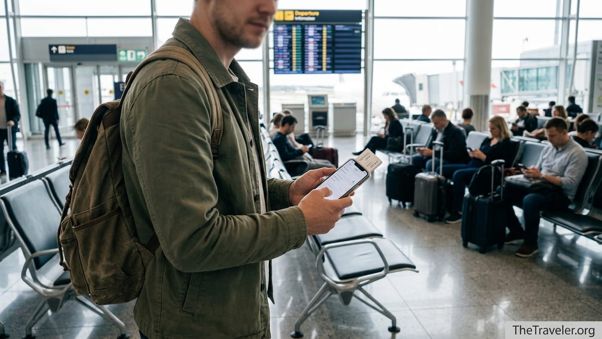 Traveler in an airport checking an eSIM on their phone before an international flight.