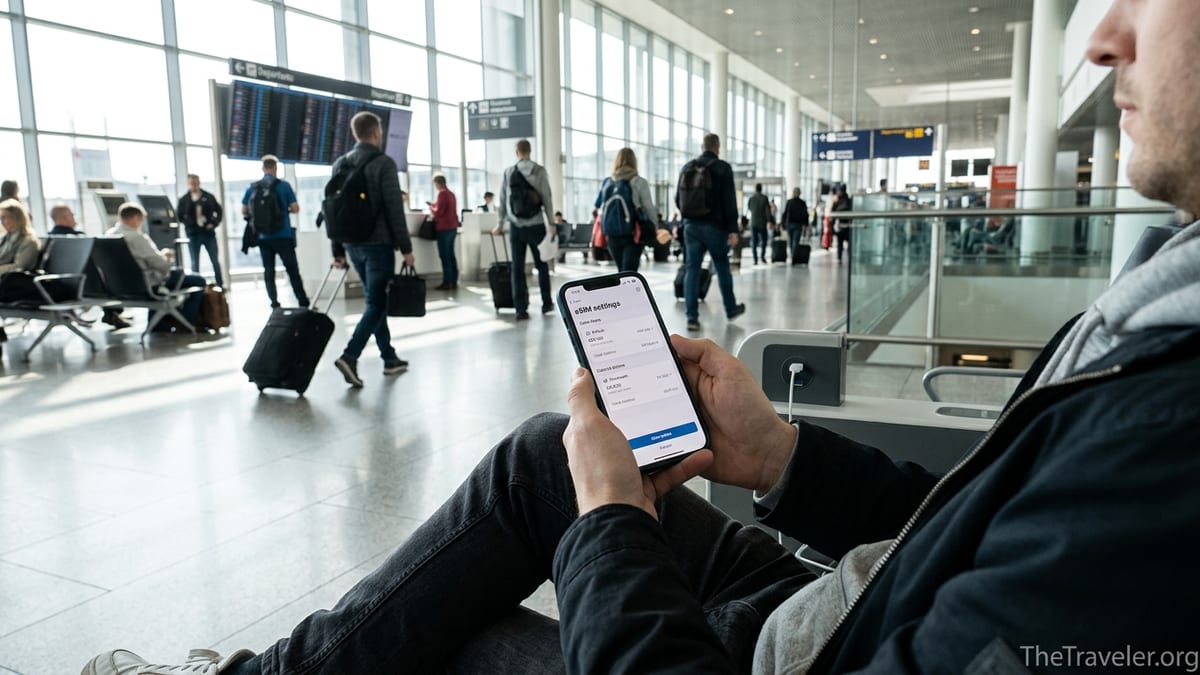Traveler in an airport checking Airhub and Flexiroam eSIM options on a smartphone.