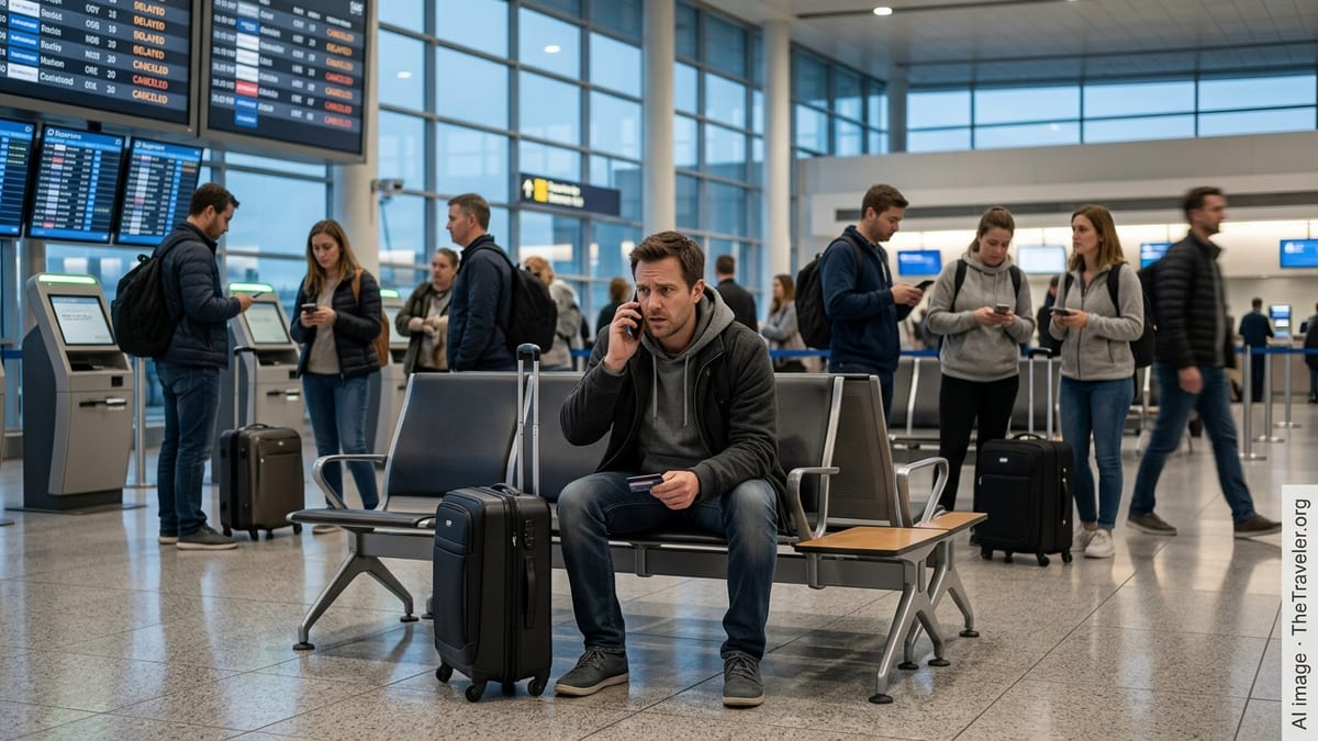 Worried traveler on phone with credit card in hand at a crowded airport terminal.