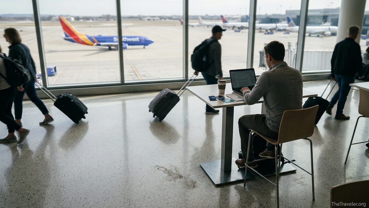 Traveler comparing airline credit cards at an airport table with planes outside.