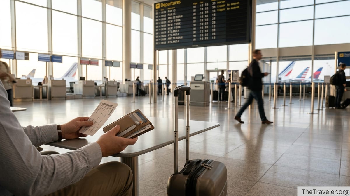 Traveler comparing airline credit cards in a bright international airport terminal.