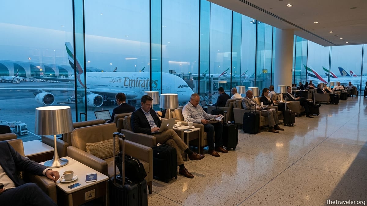 Travelers in an airport lounge overlooking an Emirates aircraft at sunrise.