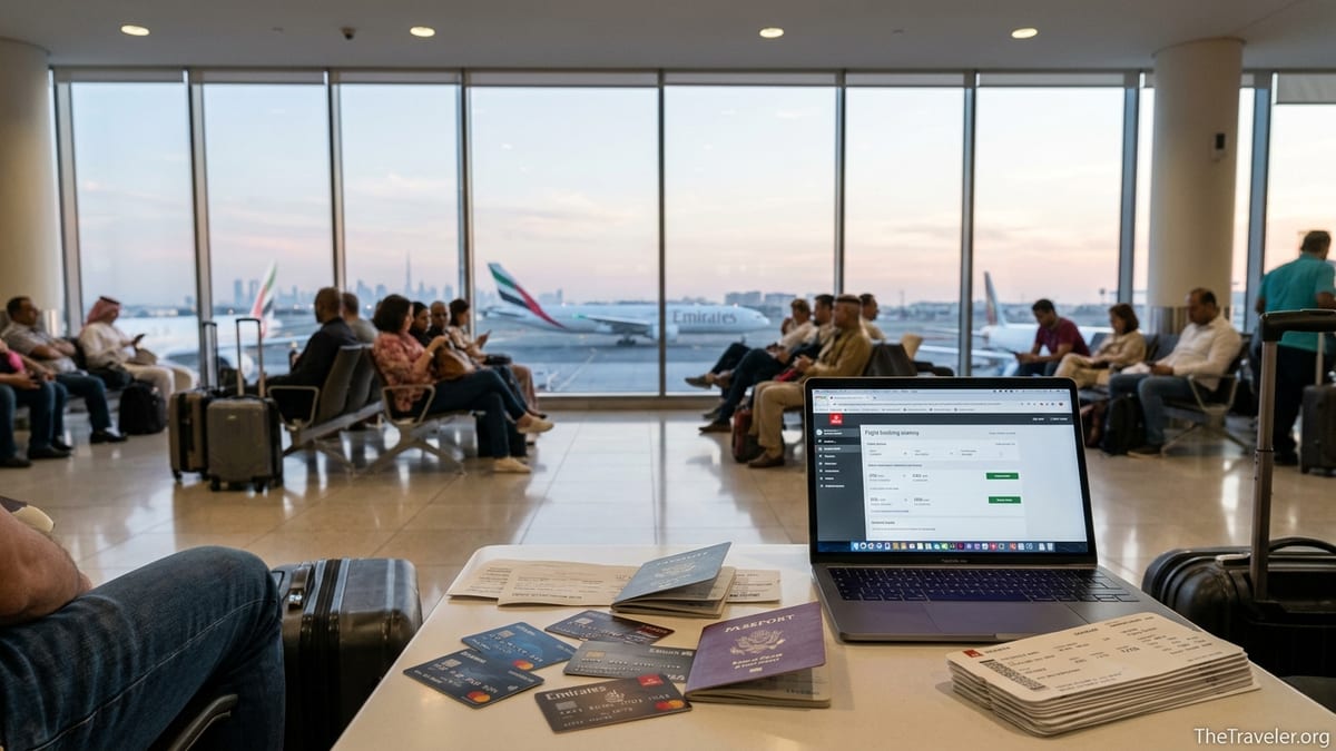 Travelers in an airport lounge compare several airline credit cards near windows overlooking an Emirates plane.