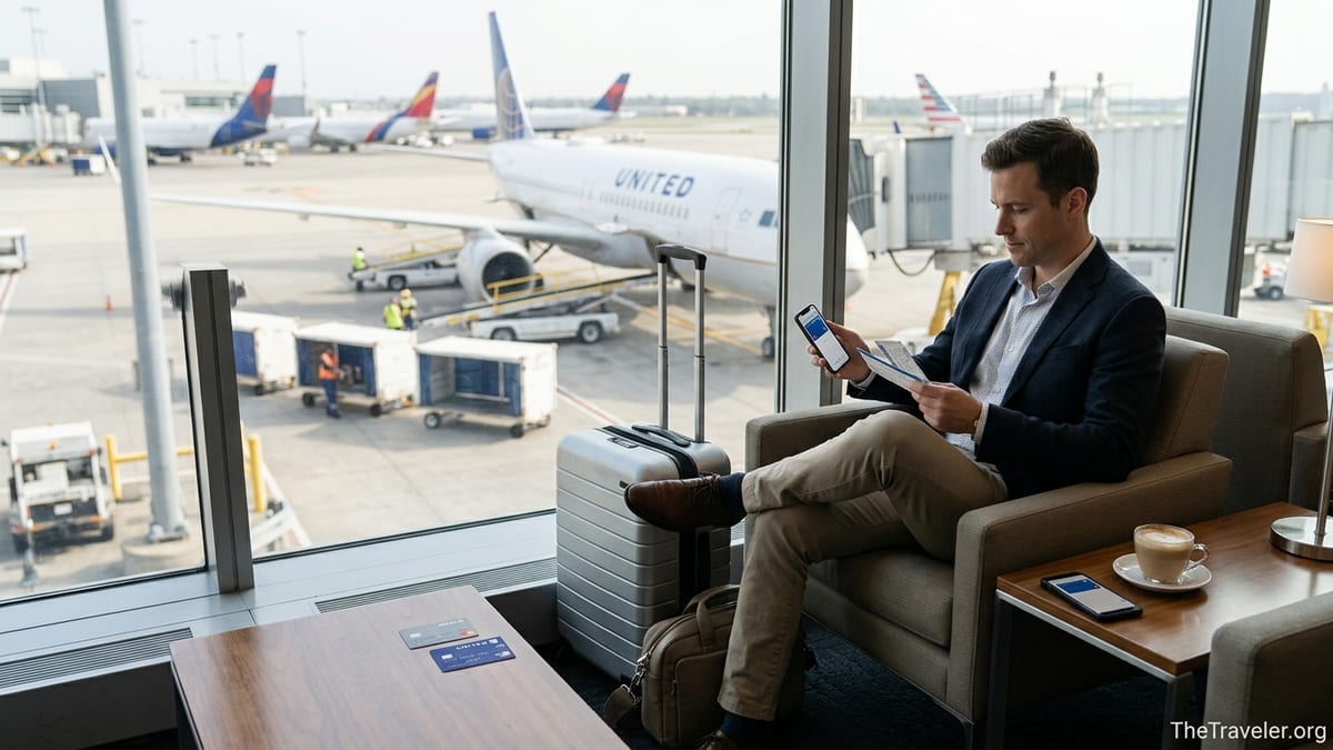 Traveler in an airport lounge with airline credit cards and United plane outside window.
