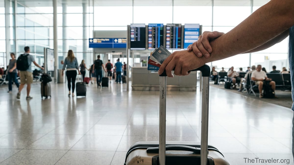 Traveler holding several airline credit cards above a carry-on bag in a busy airport terminal.