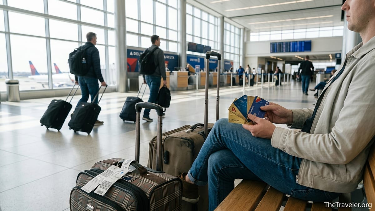 Traveler comparing airline credit cards while sitting with luggage in a busy airport terminal.