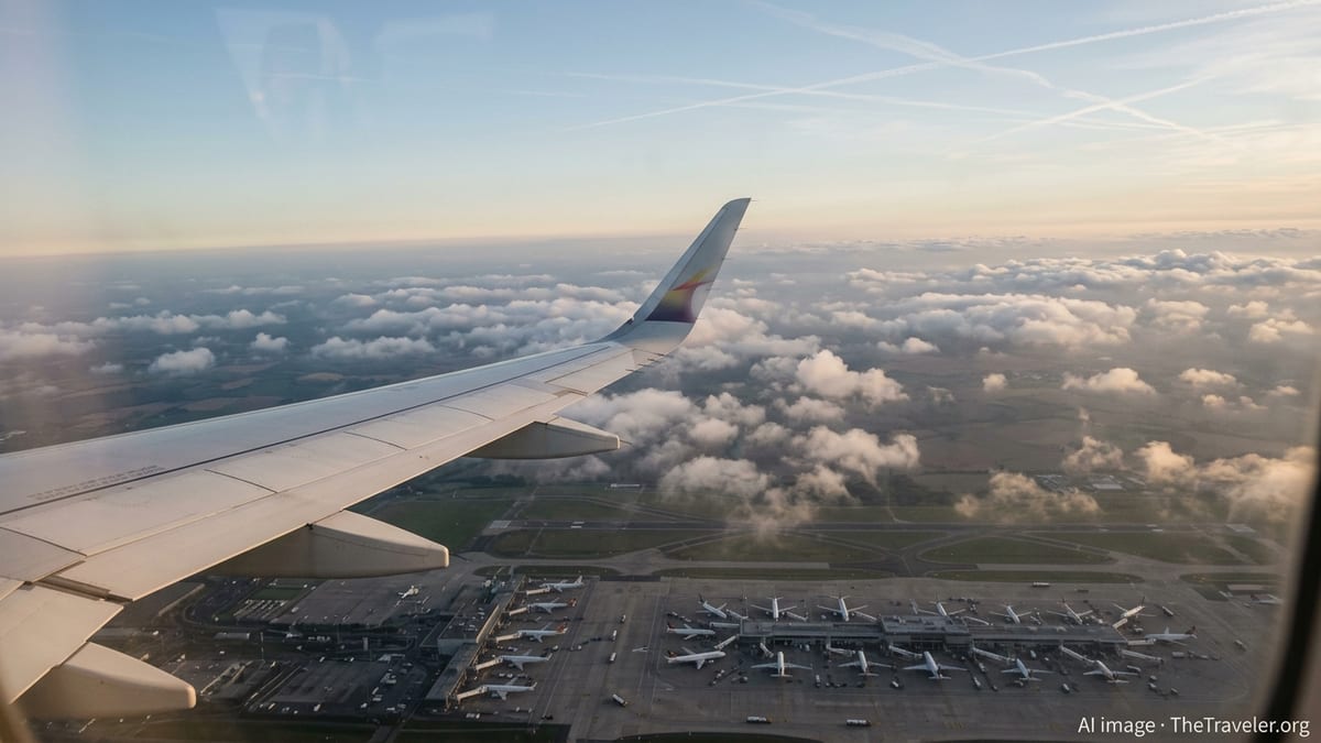 Airline wing seen from a window seat above clouds with a busy airport faintly visible below.