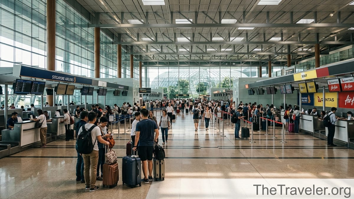 Busy check-in hall at Singapore Changi Airport with multiple airline counters and travelers.