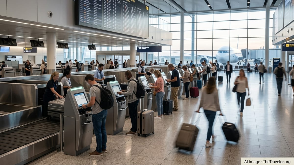Travelers using self-service bag-drop kiosks in a bright, modern airport departures hall.