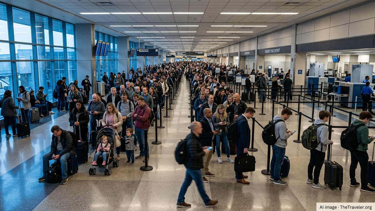 Crowded U.S. airport security line stretches through a terminal as travelers wait for limited screening lanes.
