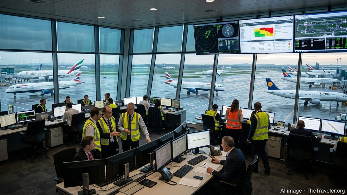Airport operations center staff monitor safety dashboards overlooking a busy dawn airfield.