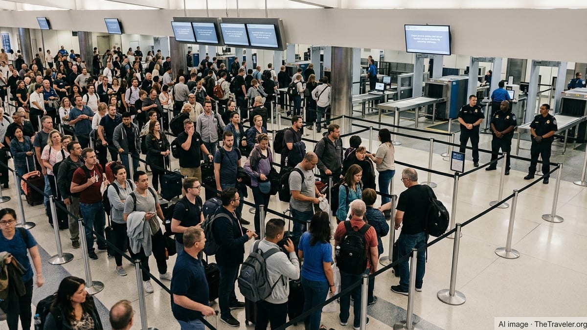 Crowded U.S. airport security hall with long lines and officers overseeing passengers.