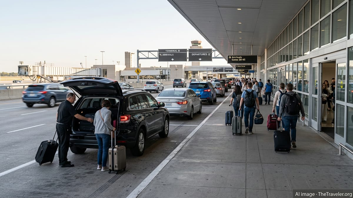 Passengers with luggage meet private cars at a busy U.S. airport pickup zone in soft afternoon light.