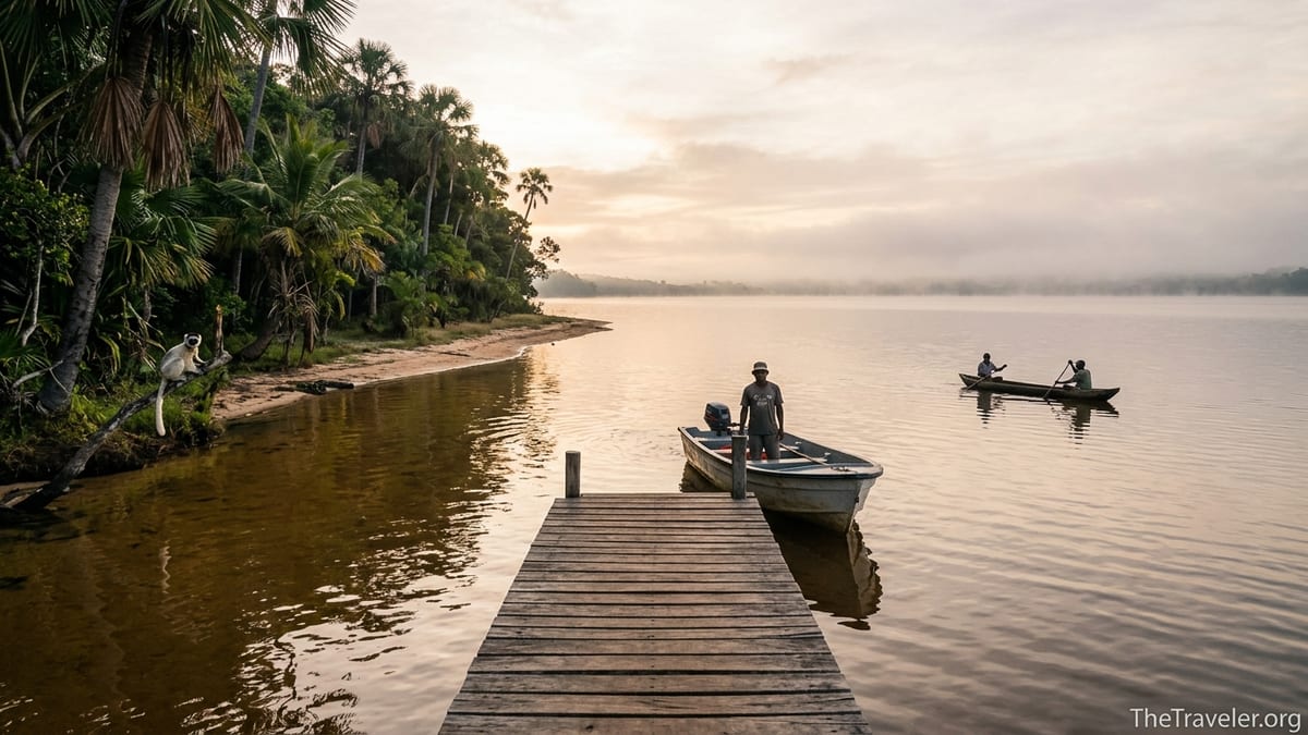 Lakeside jetty at Akanin’ny Nofy with boat, calm Lake Ampitabe and forested Palmarium Reserve at sunrise.