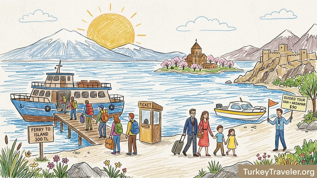 Boat of travelers approaching Akdamar Island and its stone church on Lake Van near Van, Turkey.
