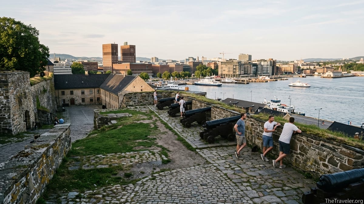 View over Oslo harbor and fjord from Akershus Fortress ramparts at sunset